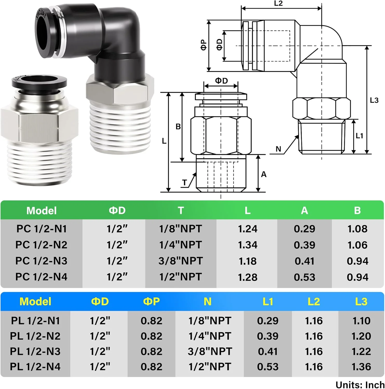 اتصالات پنوماتیک زانویی و مستقیم Tailonz، لوله 1/2 اینچ OD x رزوه 1/2 اینچ NPT، اتصالات فشاری PC-1/2-N4+PL-1/2-N4 (بسته 12 عددی)