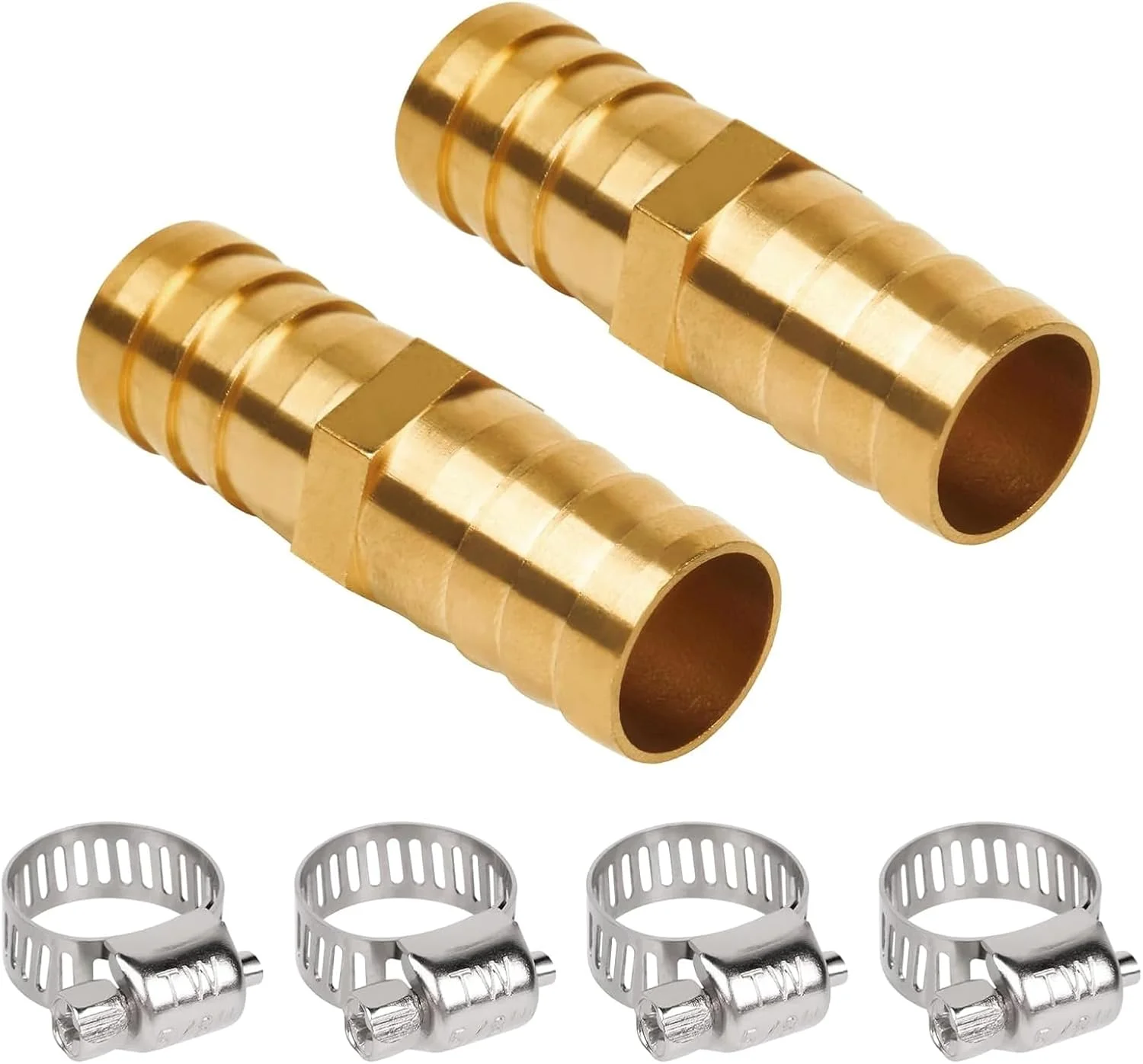 اتصال شلنگ برنجی KAINGA سایز 3/4 اینچ، اتصال دهنده و ترمیم کننده شلنگ بادوام، مناسب برای سیستم های هوا، آب و سوخت، شامل 4 بست استیل ضد زنگ، ضد نشت، بسته 2 عددی