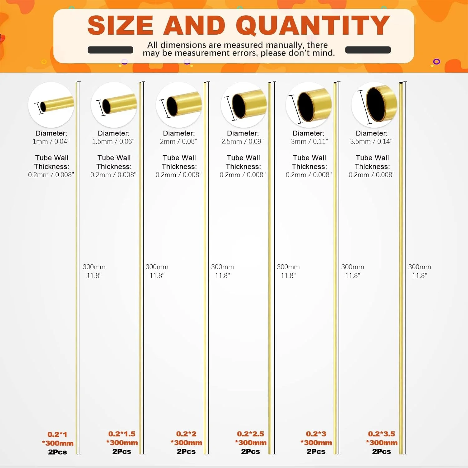 مجموعه 12 عددی لوله برنجی Tanstic، لوله گرد با قطرهای خارجی 1، 1.5، 2، 2.5، 3 و 3.5 میلی‌متر، ضخامت دیواره 0.2 میلی‌متر و طول 300 میلی‌متر