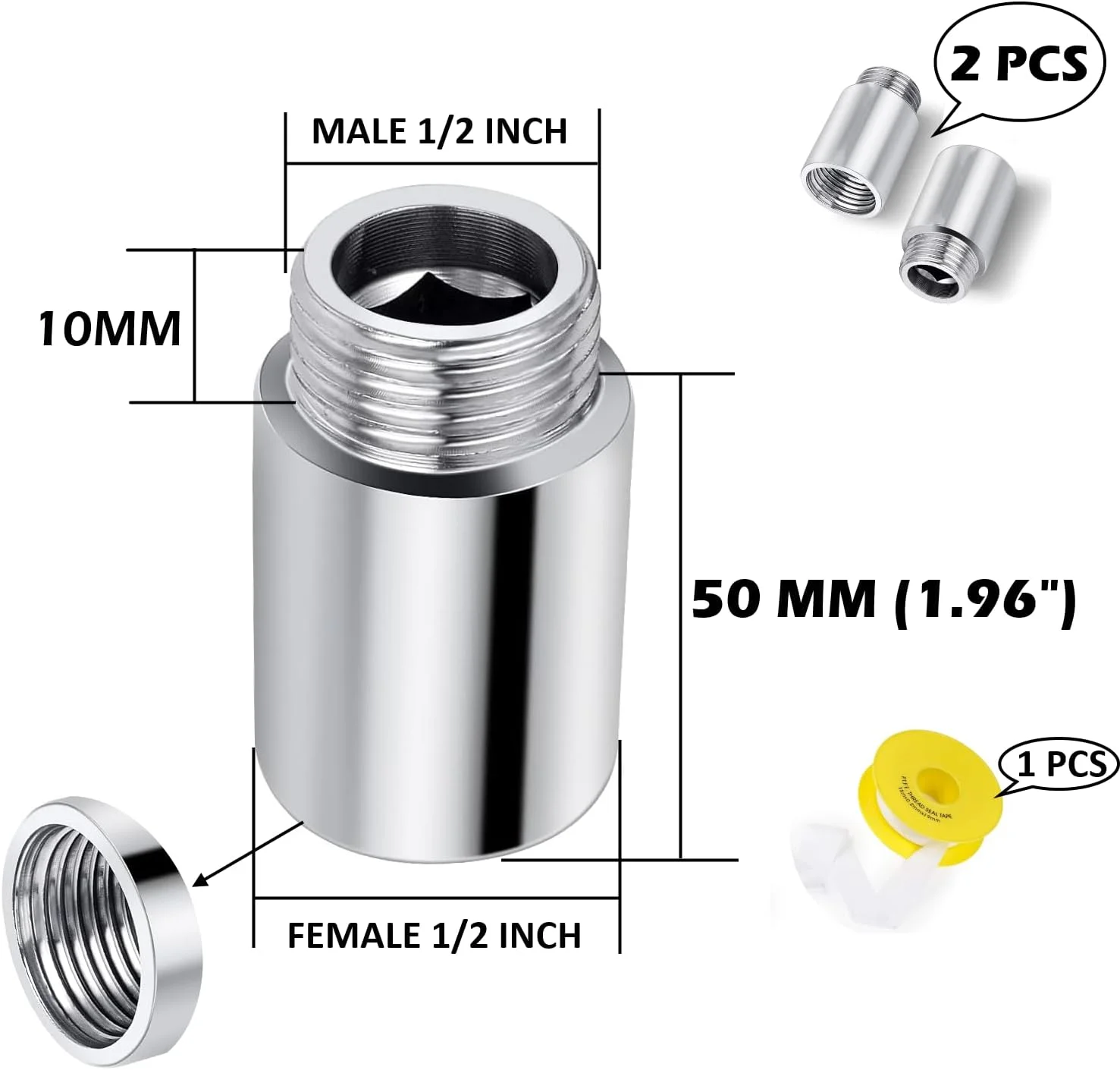رابط افزایشی کروم بیلا نر به ماده 1/2 اینچ، بسته 2 عددی رزوه BSP به همراه نوار تفلون در اندازه های مختلف برای لوله افزایشی که امکان افزایش طول، افزایش شیرهای زاویه ای و غیره را فراهم می کند (1/2 X 50MM)