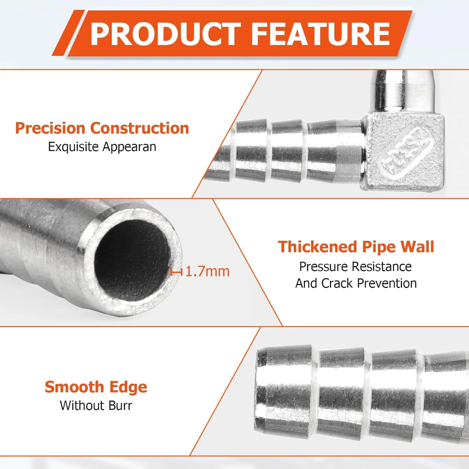 سوپاوِی، بسته 4 عددی اتصالات شیلنگ استیل 304، سایز 10 میلی‌متر، دو راهی L شکل، زانویی 90 درجه با رزوه نری به همراه 8 بست شیلنگ، آداپتور اتصال برای سوخت، هوا، آب، گاز و روغن