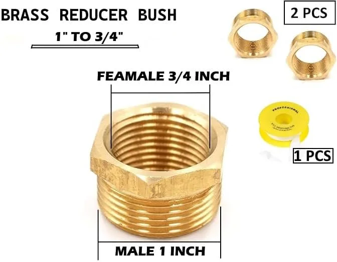 بیلا، بسته 2 عددی کاهنده برنجی، رزوه نر BSP به رزوه ماده، بوش کاهنده، بوش کاهنده شش گوش، اتصالات لوله شلنگ، آداپتور اتصال و نوار تفلون (1 اینچ به 3/4 اینچ)