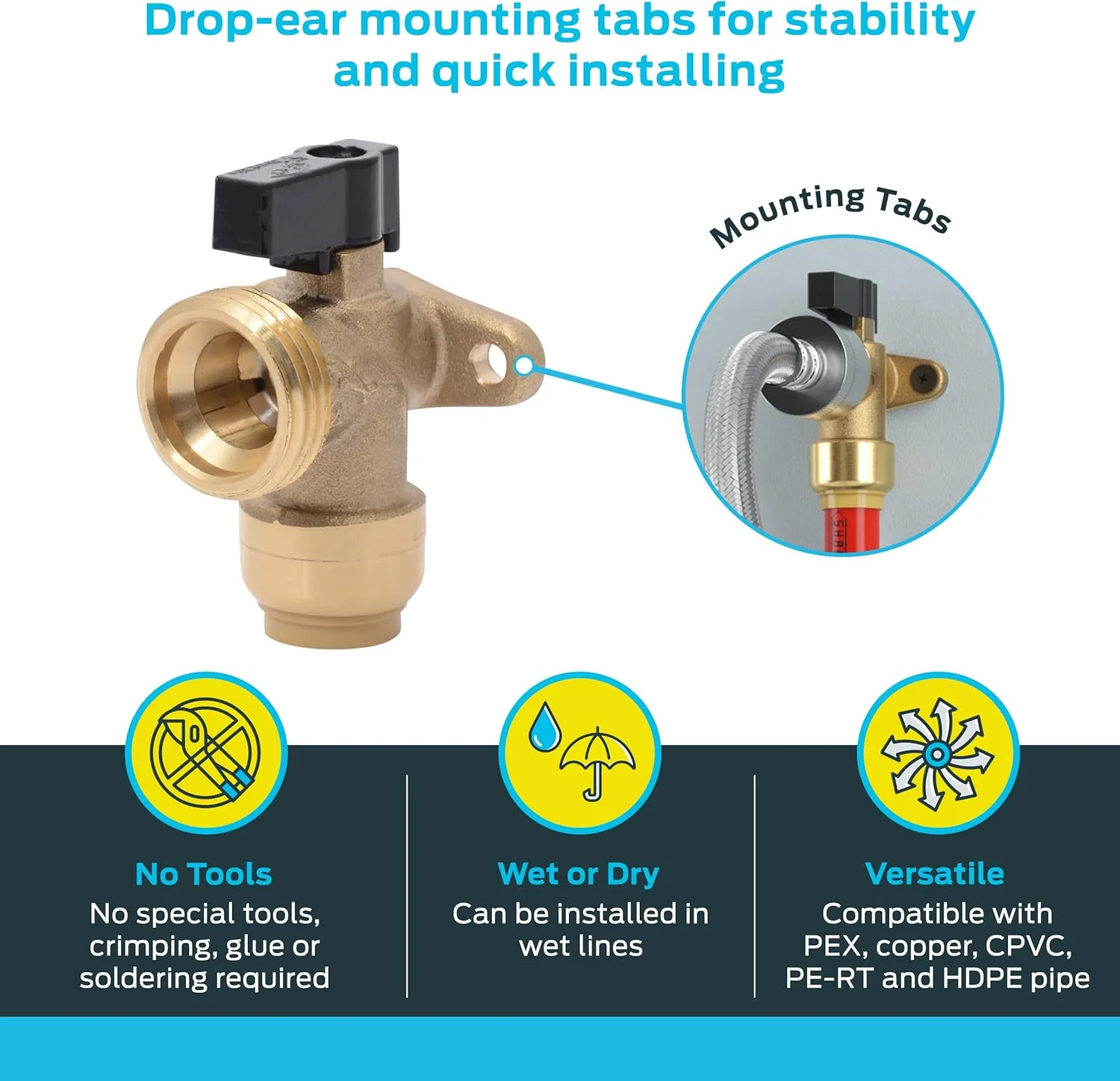 شیر زاویه ای ماشین لباسشویی SharkBite، سایز 1/2 اینچ در 3/4 اینچ MHT، اتصال فشاری، اتصالات لوله کشی برنجی، مناسب برای لوله های PEX، مس، CPVC، PE-RT، HDPE، مدل 25560LF
