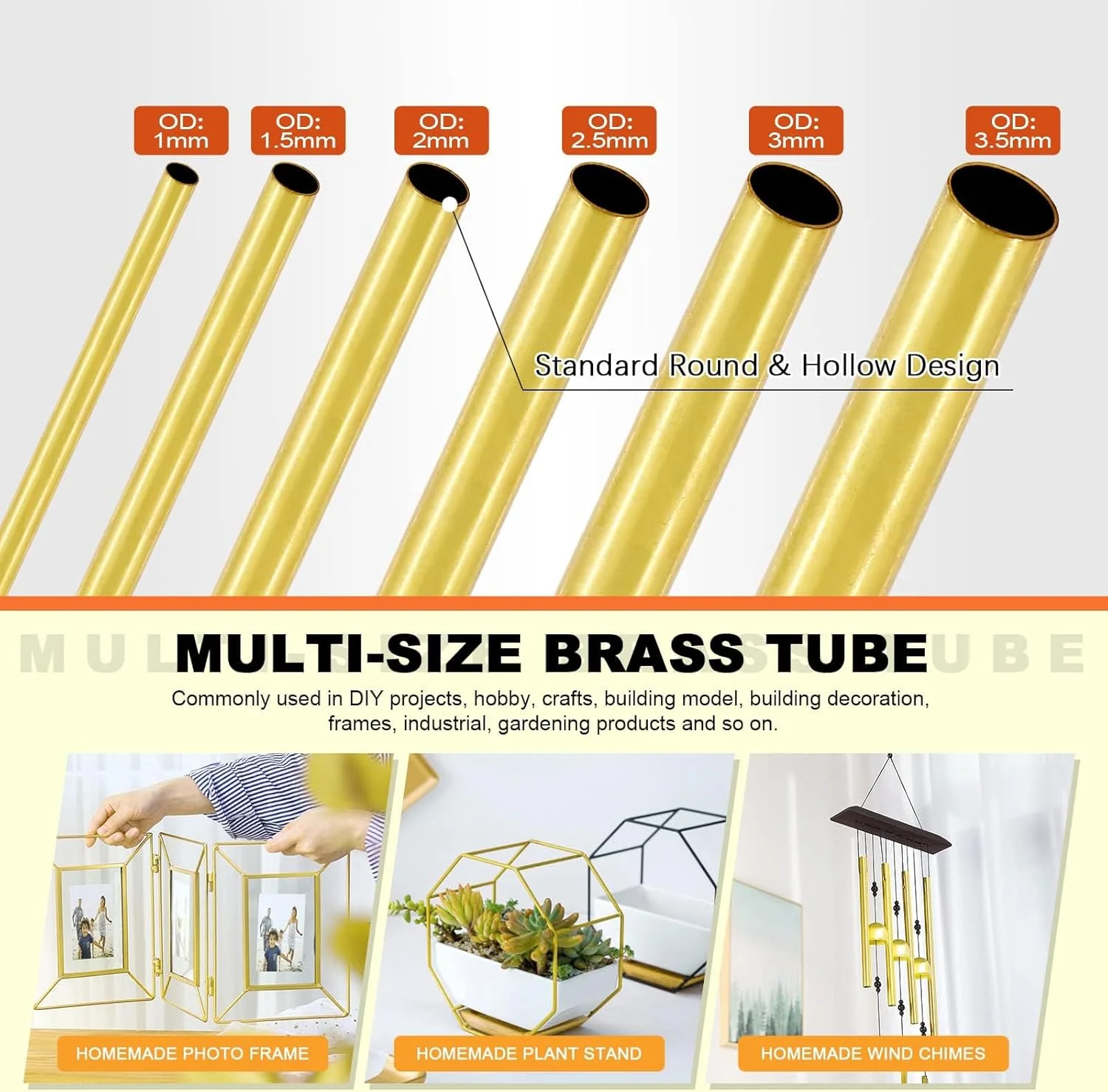 مجموعه 12 عددی لوله برنجی Tanstic، لوله گرد با قطرهای خارجی 1، 1.5، 2، 2.5، 3 و 3.5 میلی‌متر، ضخامت دیواره 0.2 میلی‌متر و طول 300 میلی‌متر