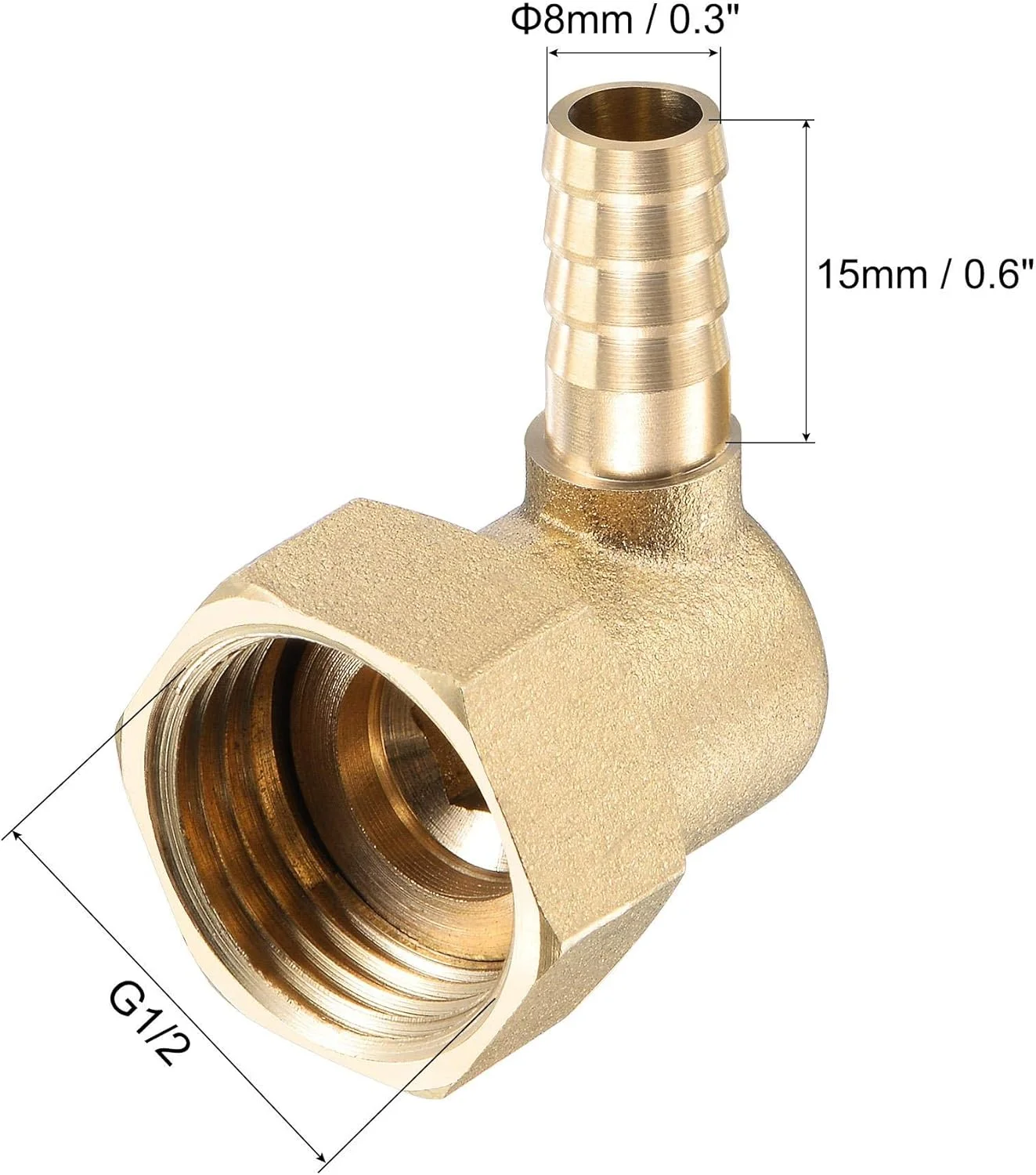 اتصال زانویی شیلنگ برنجی sourcing map، خاردار 8 میلی‌متری × اتصال لوله مهره گردان مادگی G1/2 برای آب، سوخت، هوا، بسته 2 عددی