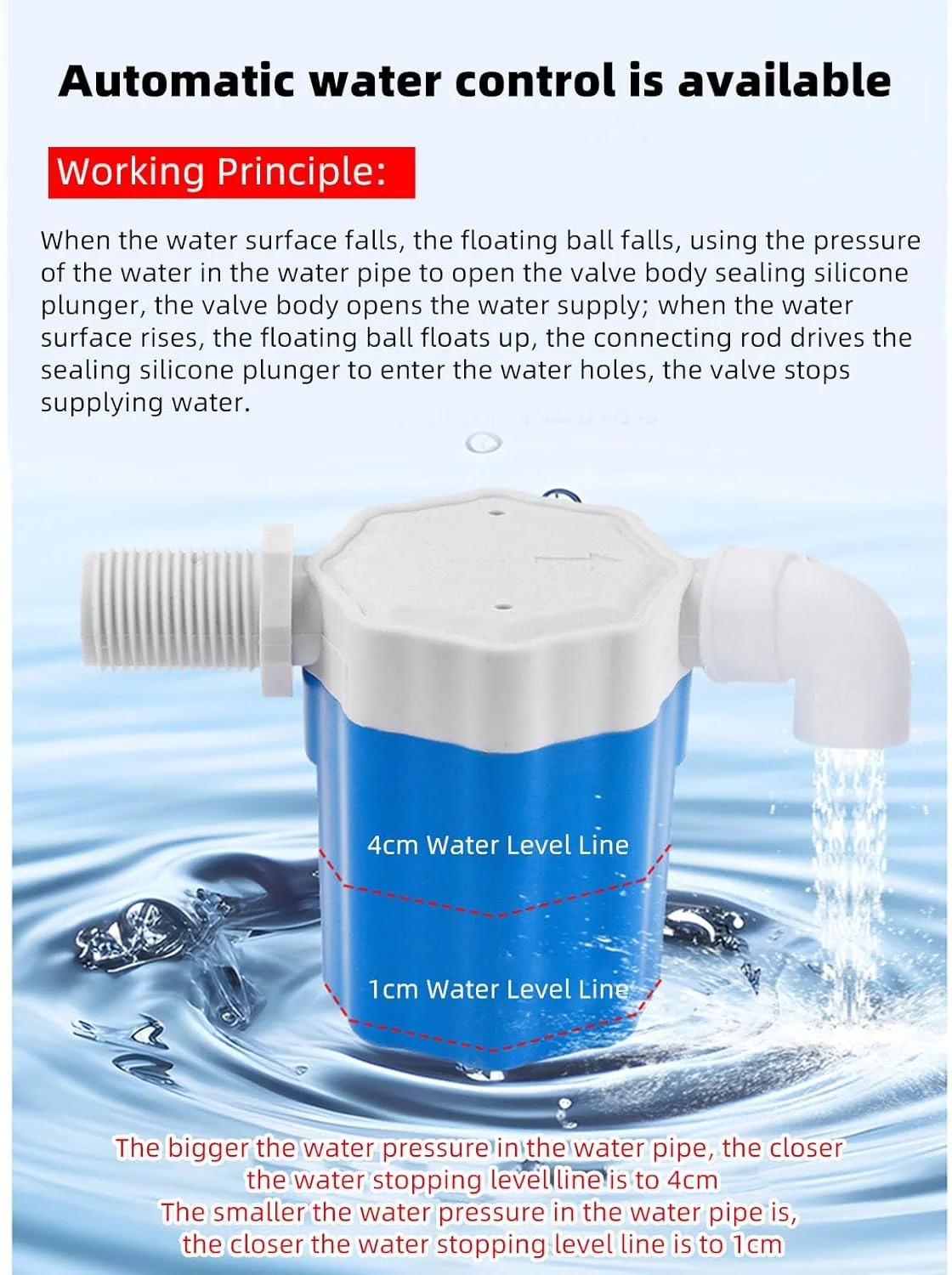 شیر کنترل اتوماتیک سطح آب Fockety، شیر شناور آب با رزوه 1 اینچی نایلونی با کنترل کاملاً اتوماتیک سطح آب، برای مخازن آب، استخرهای شنا، سیستم های خورشیدی (ورودی جانبی)