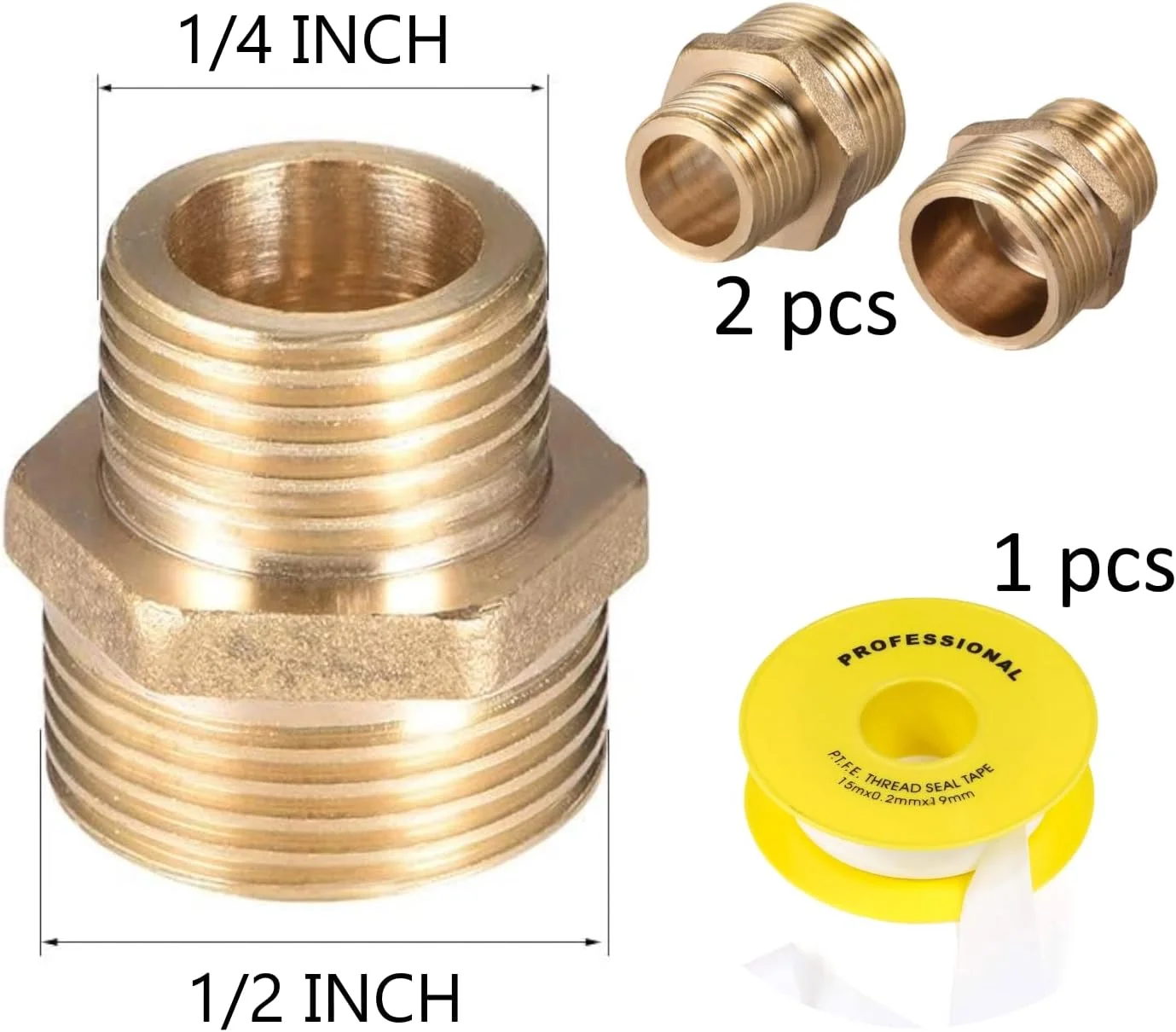 Biella™ 2 عدد اتصال کاهنده لوله برنجی نر به نر BSP، نوع شش گوش، رزوه مستقیم به همراه نوار تفلون، اتصالات آداپتور لوله برنجی سنگین، اتصال شیلنگ رزوه نر (1/2 اینچ X 1/4 اینچ)