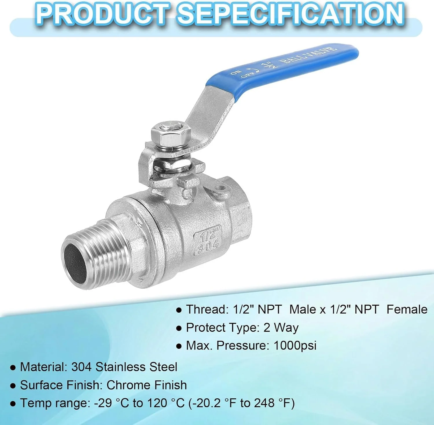 شیر قطع و وصل تمام پورت آزونی، سایز 1/2 اینچ NPT، استیل ضد زنگ 304، اتصال نر به مادگی رزوه ای برای کنترل جریان آب، روغن و گاز شیر قطع و وصل تمام پورت آزونی، سایز 1/2 اینچ NPT، استیل ضد زنگ 304، اتصال نر به مادگی رزوه ای برای کنترل جریان آب، روغن و گاز