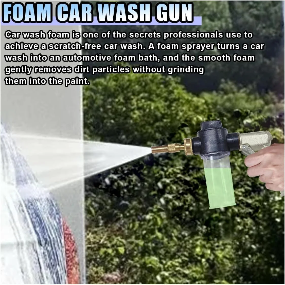 تفنگ فوم پاش کارواش، نازل فلزی فشار قوی قابل تنظیم با بطری پخش کننده صابون پلاستیکی 100 سی سی، ایده آل برای شستشوی خودرو، آبیاری گیاهان و تمیز کردن کف (نقره ای)