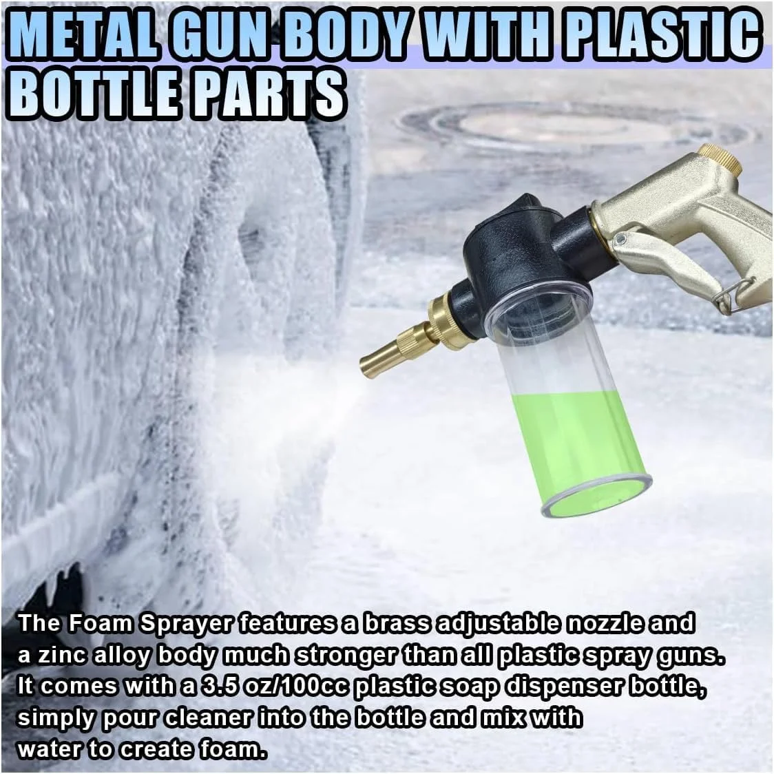 تفنگ فوم پاش کارواش، نازل فلزی فشار قوی قابل تنظیم با بطری پخش کننده صابون پلاستیکی 100 سی سی، ایده آل برای شستشوی خودرو، آبیاری گیاهان و تمیز کردن کف (نقره ای)