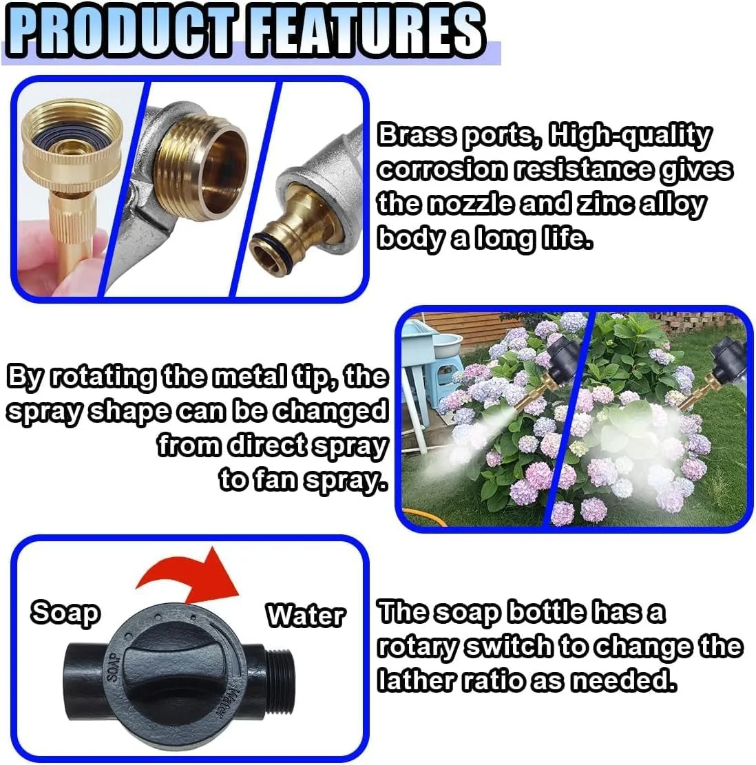تفنگ فوم پاش کارواش، نازل فلزی فشار قوی قابل تنظیم با بطری پخش کننده صابون پلاستیکی 100 سی سی، ایده آل برای شستشوی خودرو، آبیاری گیاهان و تمیز کردن کف (نقره ای)