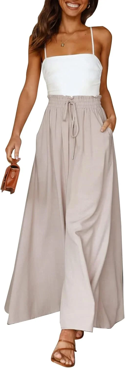 FOKFO شلوار زنانه پاچه گشاد، مدل کژوال، کمر بلند، دارای کش، شلوارک دامن‌دار، شلوار راحتی بلند، رنگ ثابت