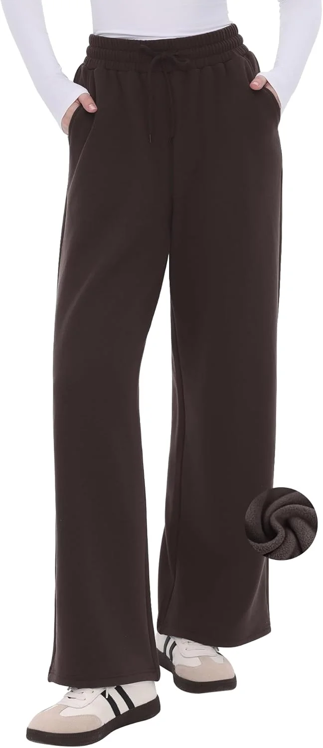 CAMPSNAIL شلوار گرمکن زنانه پاچه گشاد، داخل پلار، مدل آزاد و راسته مناسب پاییز و زمستان، گرم و راحت با جیب، قهوه ای، M