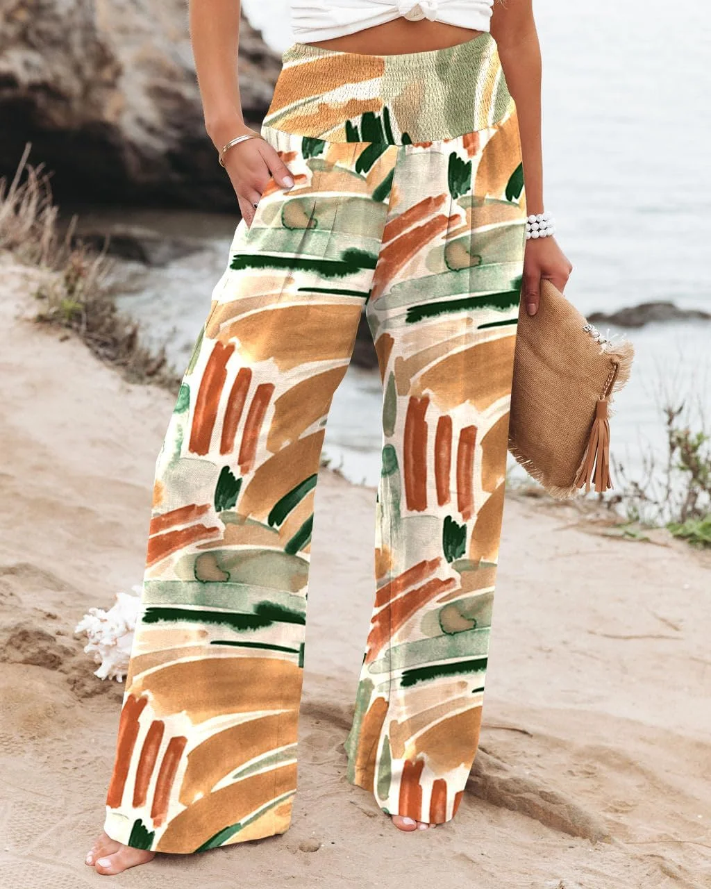 شلوار زنانه مدل پالازو کمر بلند، پاچه گشاد، مناسب استراحت، شیک و دارای جیب، طرح گل قهوه ای-سبز، سایز XL