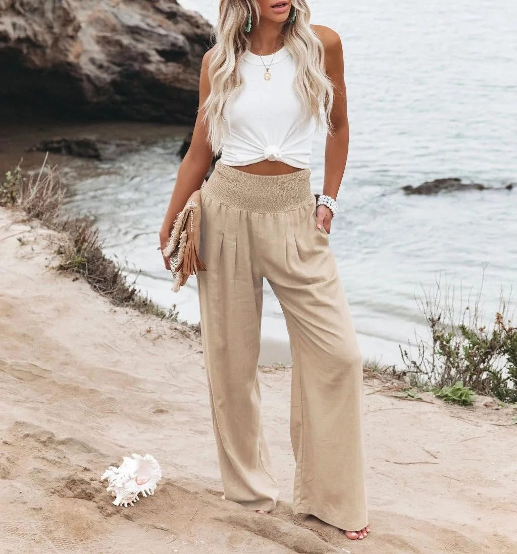 شلوار زنانه مدل پالازو کمر بلند، پاچه گشاد، مناسب استراحت، شیک و دارای جیب، خاکی، سایز S شلوار زنانه مدل پالازو کمر بلند، پاچه گشاد، مناسب استراحت، شیک و دارای جیب، خاکی، سایز S