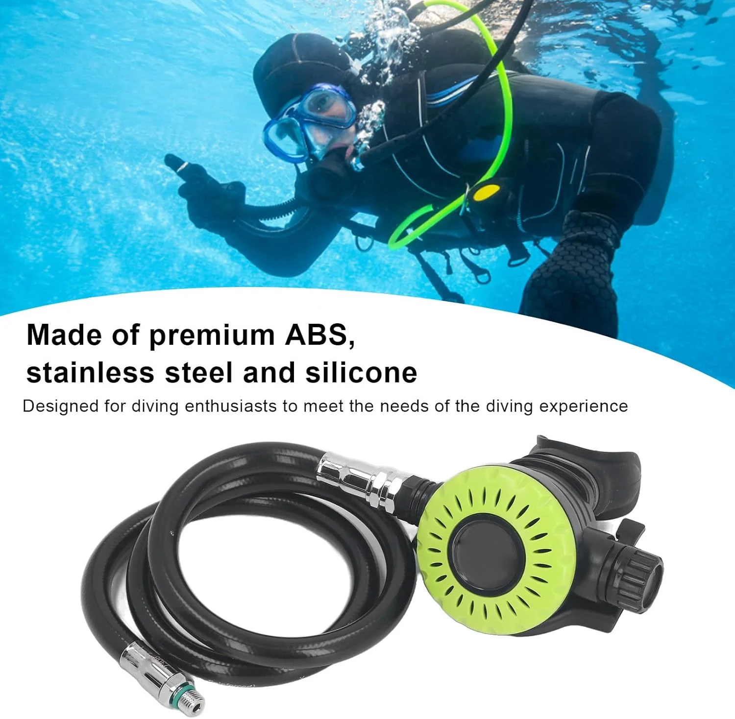 شیر تنفسی غواصی قابل تنظیم، شیر ثانویه تنفسی سیلیکونی ABS، لوله فشار متوسط، برای لوازم غواصی زیر آب (سبز)