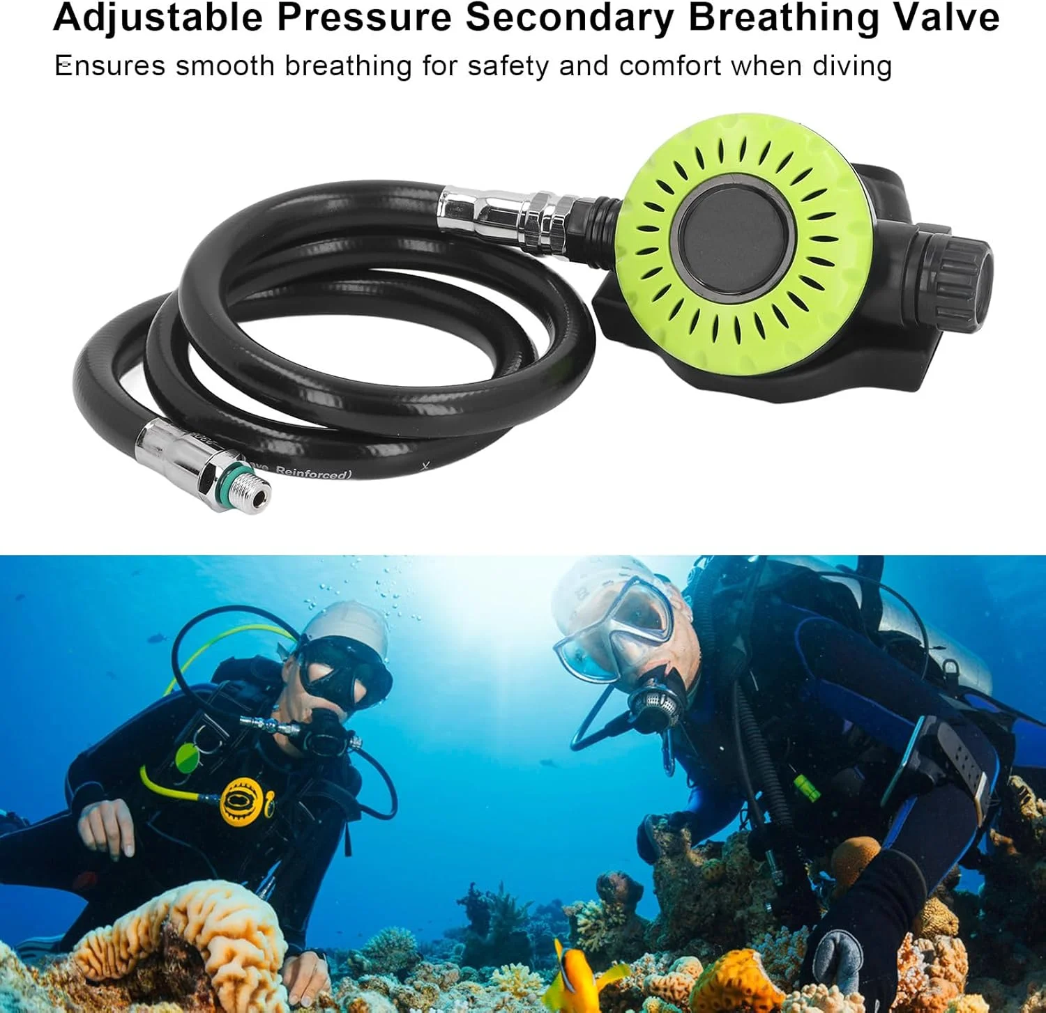 شیر تنفسی غواصی قابل تنظیم، شیر ثانویه تنفسی سیلیکونی ABS، لوله فشار متوسط، برای لوازم غواصی زیر آب (سبز)
