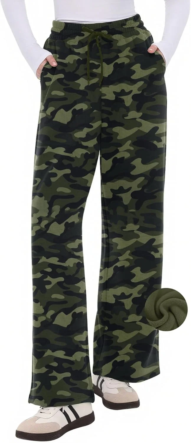 CAMPSNAIL شلوار گرمکن زنانه پاچه گشاد، داخل پشم، مدل آزاد، راسته، مناسب پاییز و زمستان، گرم و راحت، دارای جیب، طرح استتار سبز، سایز M