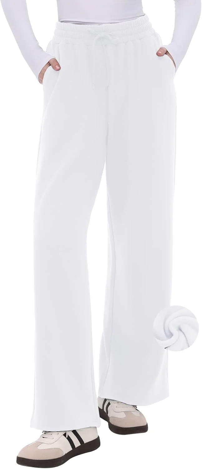 CAMPSNAIL شلوار گرمکن زنانه پاچه گشاد، داخل پلار، مدل آزاد و راسته مناسب پاییز و زمستان، گرم و راحت، دارای جیب، سفید، M