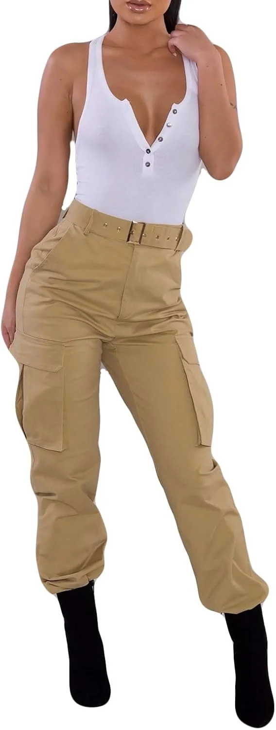 BSFASF شلوار کارگو زنانه، مدل ارتشی هیپ هاپ، شلوار غیر رسمی کمر بلند با جیب (خاکی، S) BSFASF شلوار کارگو زنانه، مدل ارتشی هیپ هاپ، شلوار غیر رسمی کمر بلند با جیب (خاکی، S)
