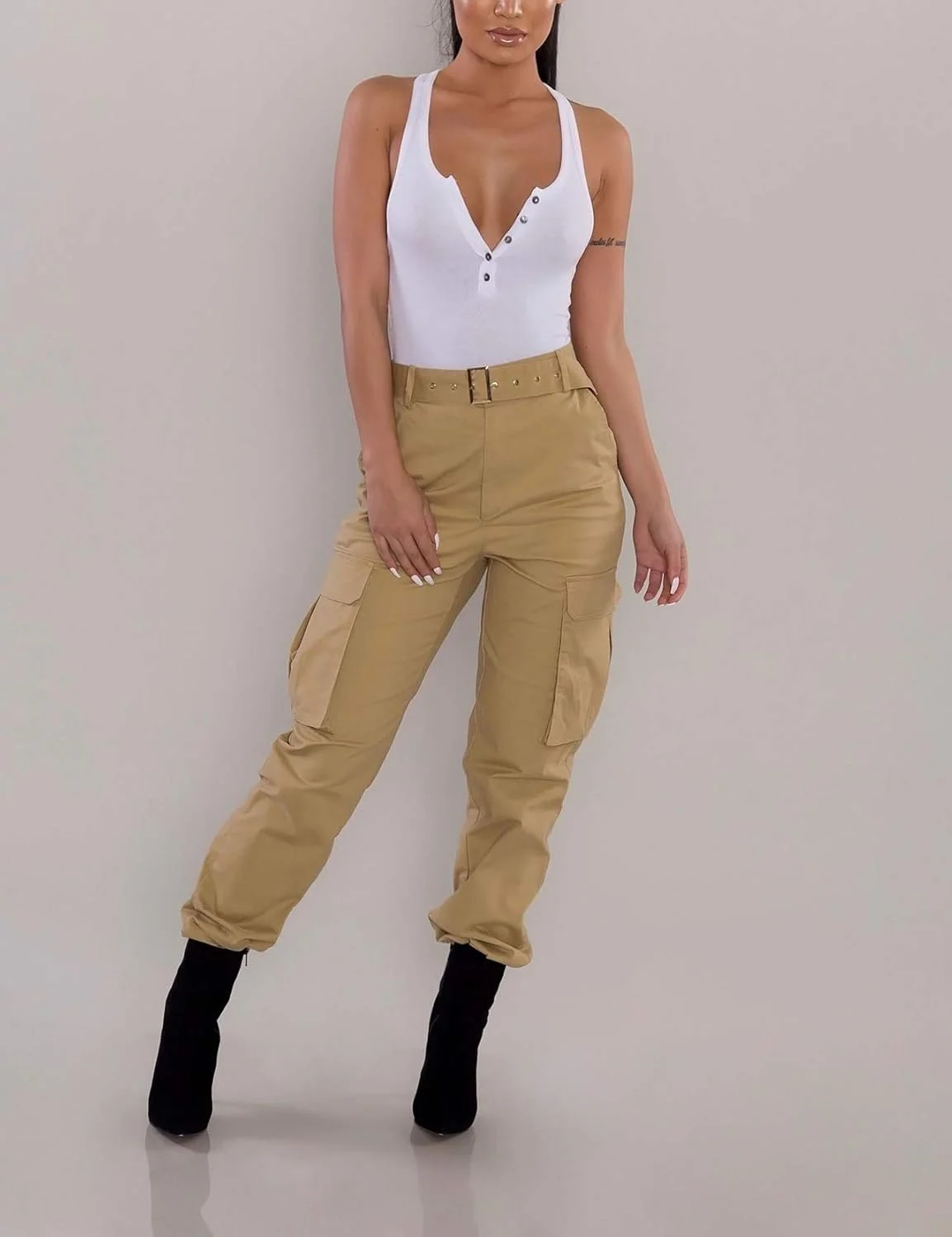 BSFASF شلوار کارگو زنانه، مدل ارتشی هیپ هاپ، شلوار غیر رسمی کمر بلند با جیب (خاکی، S) BSFASF شلوار کارگو زنانه، مدل ارتشی هیپ هاپ، شلوار غیر رسمی کمر بلند با جیب (خاکی، S)