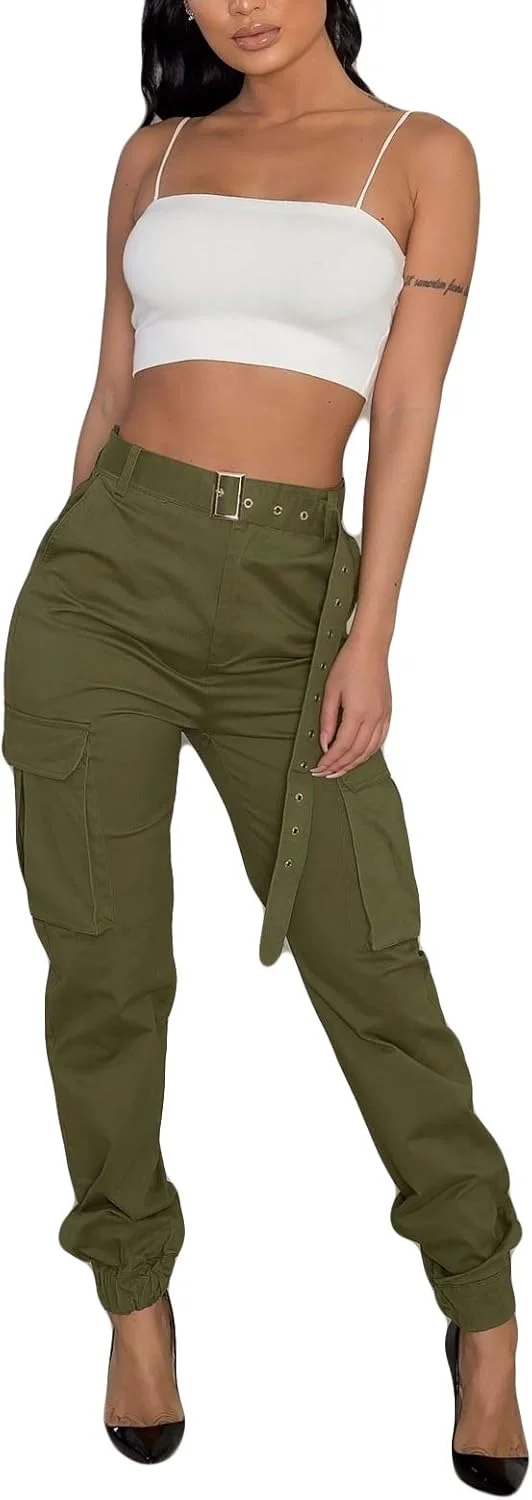 BSFASF شلوار کارگو زنانه ارتشی نظامی هیپ هاپ، شلوار بلند کمر گشاد غیر رسمی با جیب (سبز، M) BSFASF شلوار کارگو زنانه ارتشی نظامی هیپ هاپ، شلوار بلند کمر گشاد غیر رسمی با جیب (سبز، M)