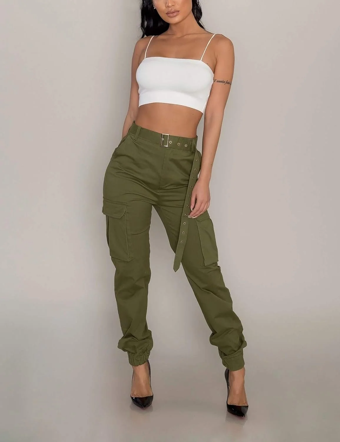 BSFASF شلوار کارگو زنانه ارتشی نظامی هیپ هاپ، شلوار بلند کمر گشاد غیر رسمی با جیب (سبز، M) BSFASF شلوار کارگو زنانه ارتشی نظامی هیپ هاپ، شلوار بلند کمر گشاد غیر رسمی با جیب (سبز، M)