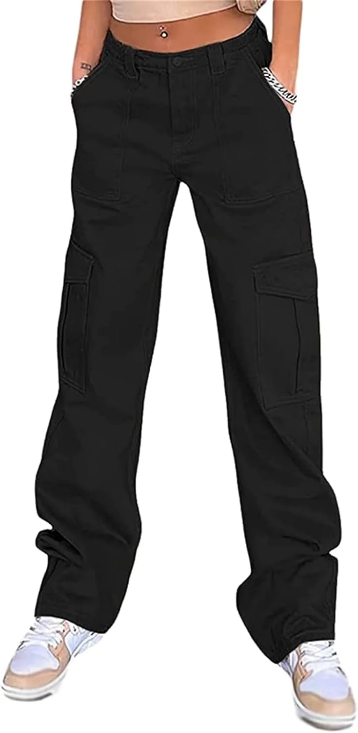 شلوار کارگو زنانه BEMEIR، شلوار کارگو بگ زنانه با فاق کوتاه، شلوار پارچه ای کارگو، شلوار جین جاگر راسته Y2K (رنگ: مشکی، سایز: متوسط) شلوار کارگو زنانه BEMEIR، شلوار کارگو بگ زنانه با فاق کوتاه، شلوار پارچه ای کارگو، شلوار جین جاگر راسته Y2K (رنگ: مشکی، سایز: متوسط)