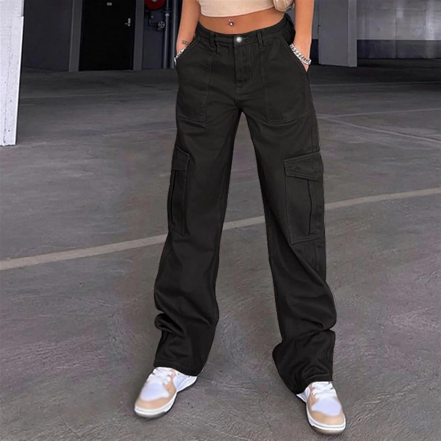 شلوار کارگو زنانه BEMEIR، شلوار کارگو بگ زنانه با فاق کوتاه، شلوار پارچهای کارگو، شلوار جین جاگر راسته Y2K (رنگ: مشکی، سایز: متوسط) شلوار کارگو زنانه BEMEIR، شلوار کارگو بگ زنانه با فاق کوتاه، شلوار پارچهای کارگو، شلوار جین جاگر راسته Y2K (رنگ: مشکی، سایز: متوسط)