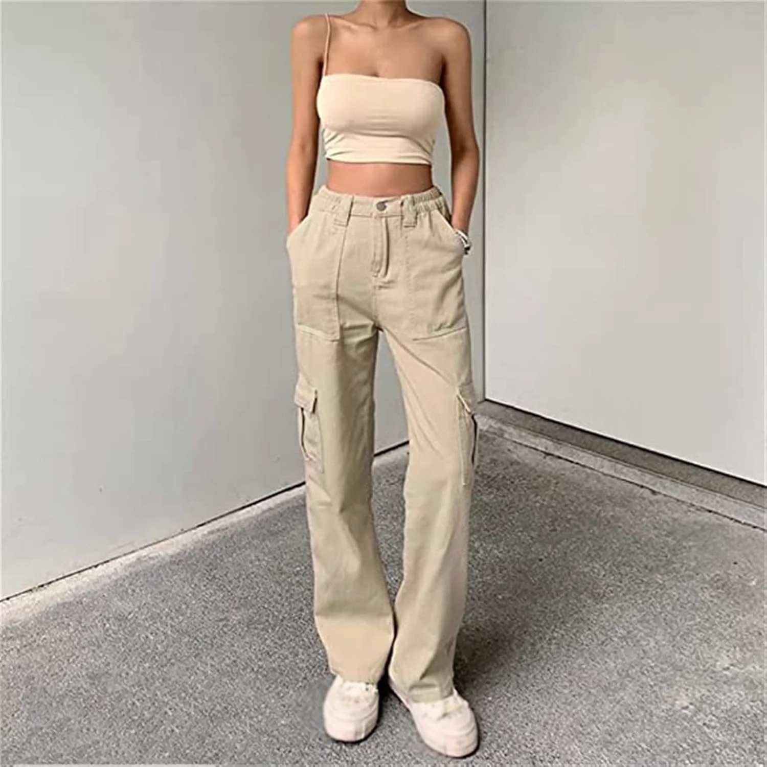 شلوار کارگو زنانه BEMEIR، شلوار کارگو بگ زنانه فاق کوتاه، شلوار پارچه ای کارگو جین جاگر راسته Y2K (رنگ: خاکی، سایز: بزرگ) شلوار کارگو زنانه BEMEIR، شلوار کارگو بگ زنانه فاق کوتاه، شلوار پارچه ای کارگو جین جاگر راسته Y2K (رنگ: خاکی، سایز: بزرگ)