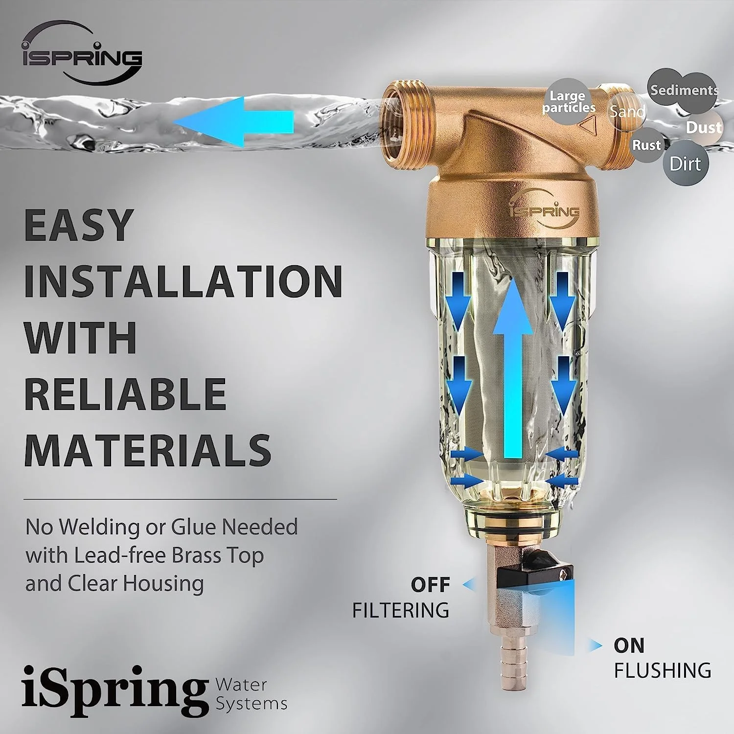 فیلتر رسوب گیر قابل استفاده مجدد کل خانه iSpring WSP-100، فیلتراسیون پیش فیلتر یکبار مصرف 100 میکرون، G 1"- 3/4"، برنجی