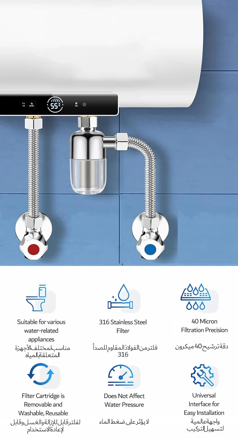 فیلتر رسوب گیر 40 میکرون JEWJIO، فیلتر آب رسوب گیر قابل استفاده مجدد برای حمام، دوش و آشپزخانه، سیستم پیش تصفیه برای آب شهری/چاه، فیلتر فولاد ضد زنگ 316 بدون نیاز به تعویض، اتصال 1/2 اینچ