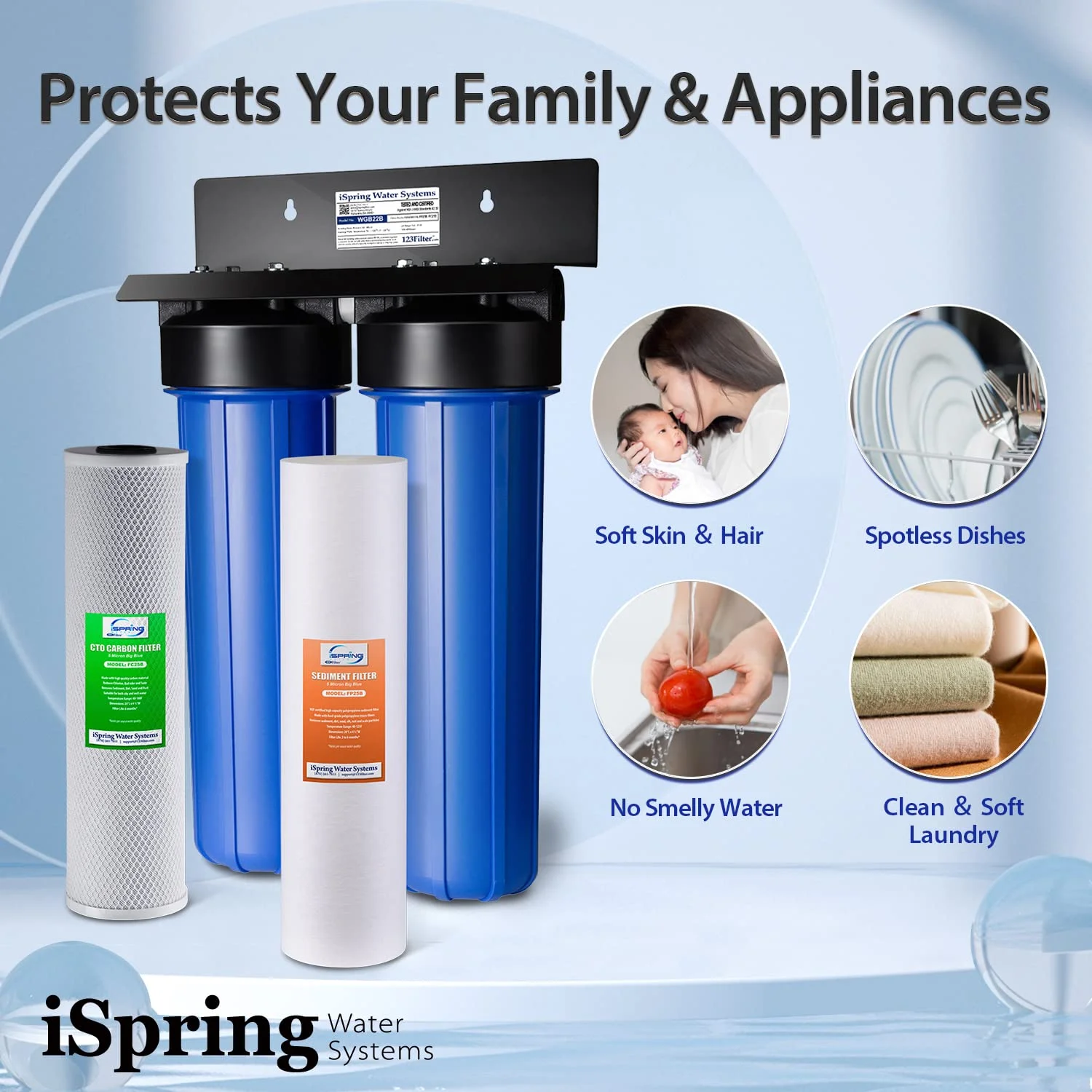 سیستم فیلتراسیون آب کل خانه دو مرحله ای iSpring WGB22B با فیلترهای رسوب ریز و کربن بلاک 20 اینچی در 4.5 اینچ، حذف 99% کلر