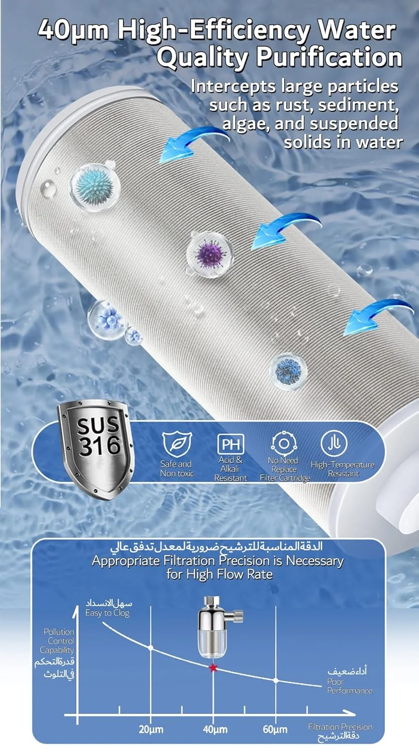 فیلتر رسوب گیر 40 میکرون JEWJIO، فیلتر آب رسوب گیر قابل استفاده مجدد برای حمام، دوش و آشپزخانه، سیستم پیش تصفیه برای آب شهری/چاه، فیلتر فولاد ضد زنگ 316 بدون نیاز به تعویض، اتصال 1/2 اینچ
