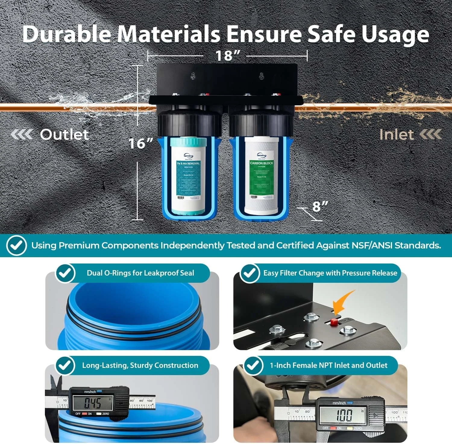 سیستم فیلتراسیون آب کل خانه دو مرحله ای iSpring WGB21BM، فیلترهای کربن بلاک و کاهش دهنده آهن و منگنز 10 اینچ در 4.5 اینچ، پورت های 1 اینچی
