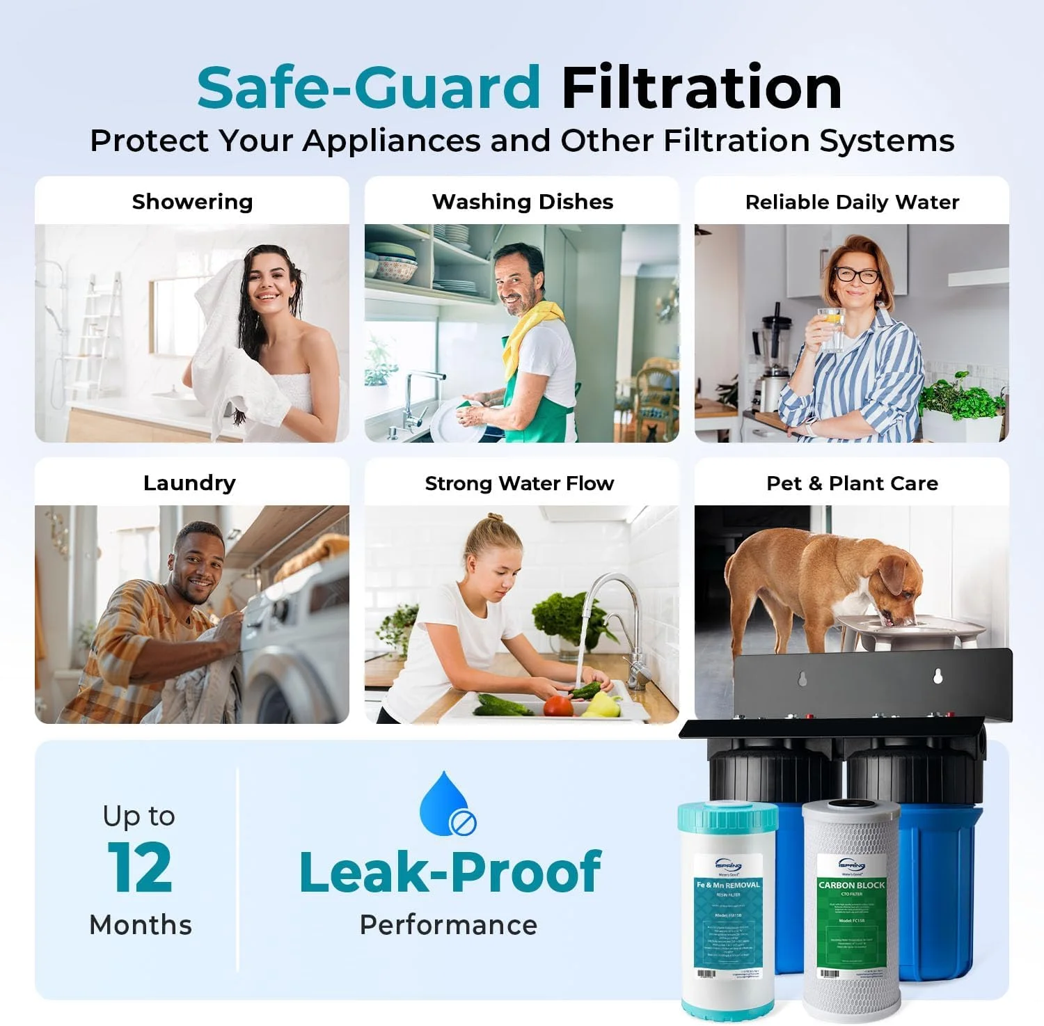 سیستم فیلتراسیون آب کل خانه دو مرحله ای iSpring WGB21BM، فیلترهای کربن بلاک و کاهش دهنده آهن و منگنز 10 اینچ در 4.5 اینچ، پورت های 1 اینچی