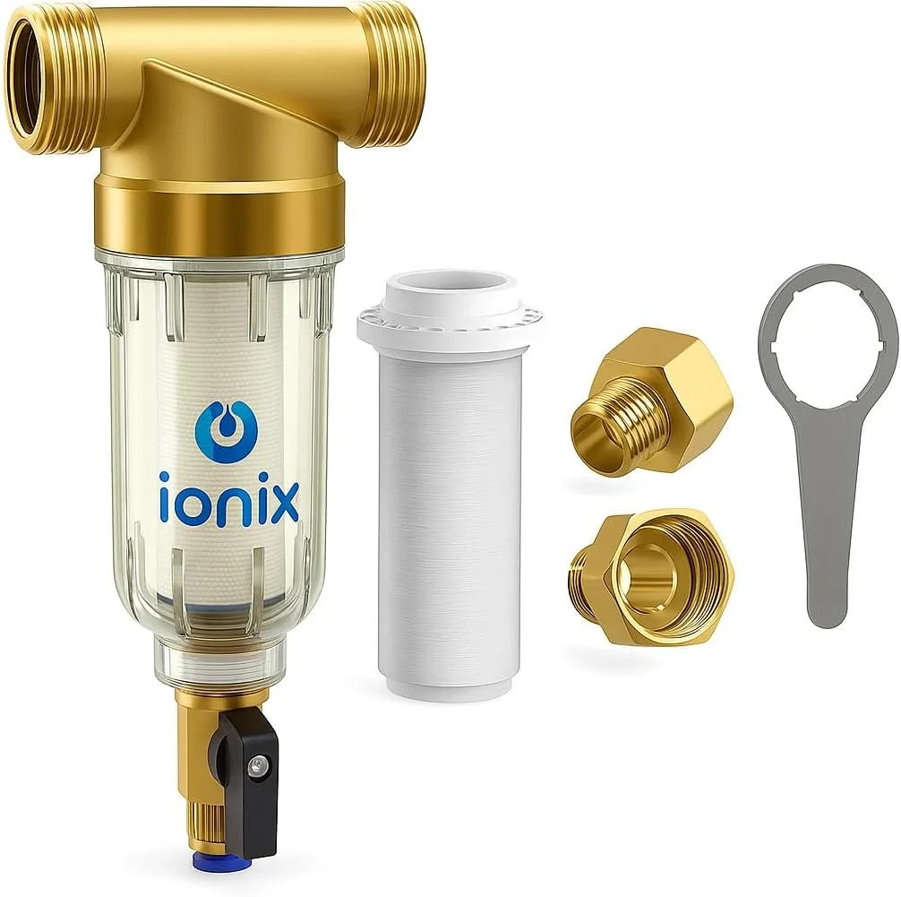 فیلتر رسوب گیر چرخشی IONIX، پیش فیلتر قابل استفاده مجدد برای سیستم فیلتر آب کل خانه، فیلتر آب رسوب گیر کل خانه، سیستم پیش تصفیه برای آب شهری/چاه، ورودی/خروجی 1 اینچ، بدون BPA، چند رنگ