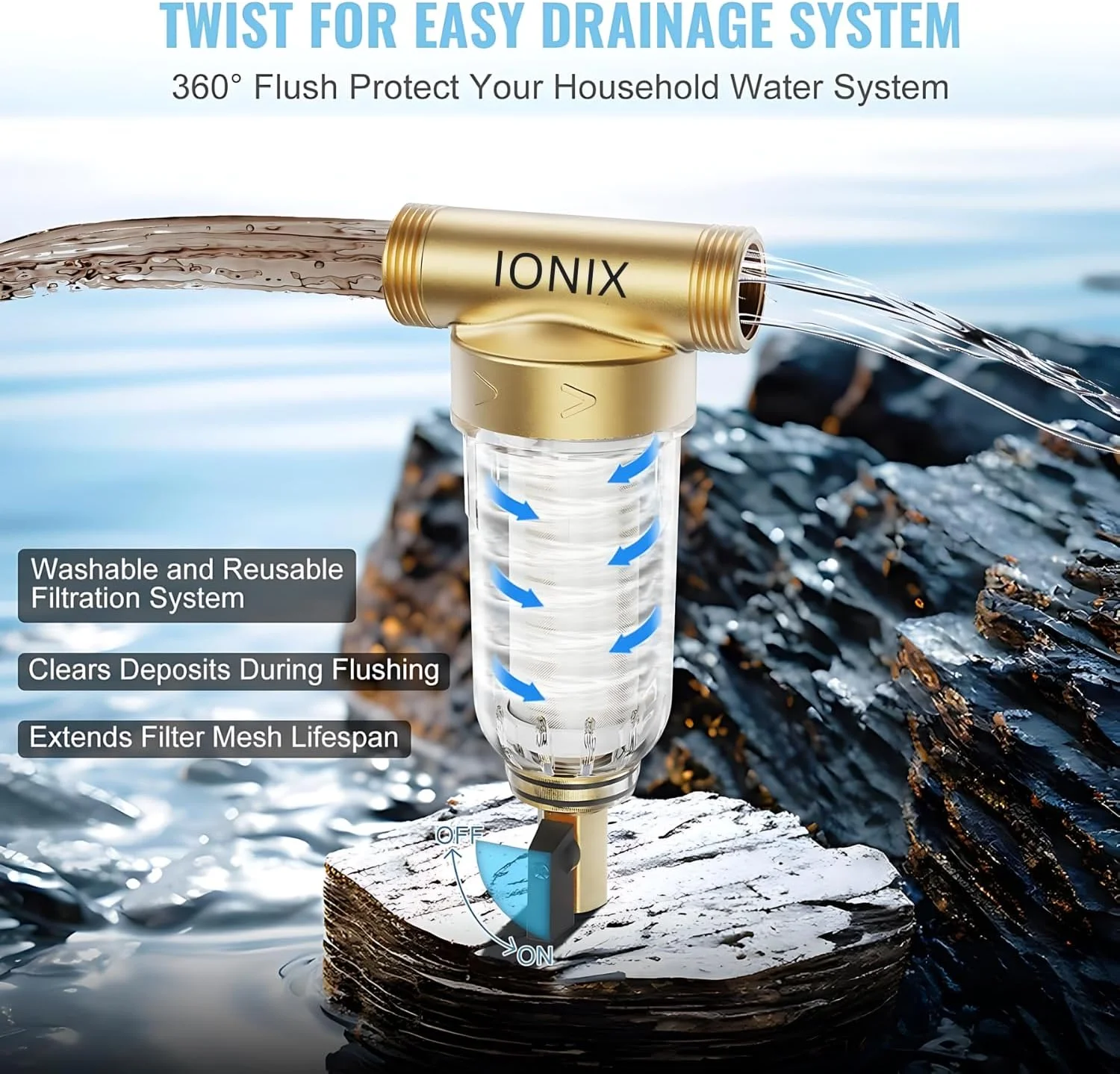 فیلتر رسوب گیر چرخشی IONIX، پیش فیلتر قابل استفاده مجدد برای سیستم فیلتر آب کل خانه، فیلتر آب رسوب گیر کل خانه، سیستم پیش تصفیه برای آب شهری/چاه، ورودی/خروجی 1 اینچ، بدون BPA، چند رنگ