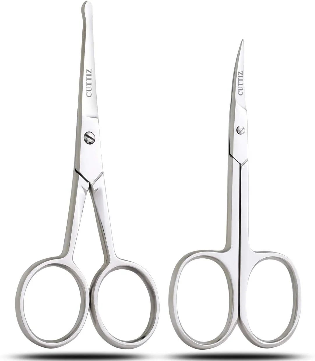 قیچی مو استیل Cuttiz، دو عددی، برای اصلاح و مرتب کردن ابرو، مژه، ریش، موی بینی و کوتیکول ناخن - قیچی کوچک حرفه ای با نوک گرد و منحنی برای صورت