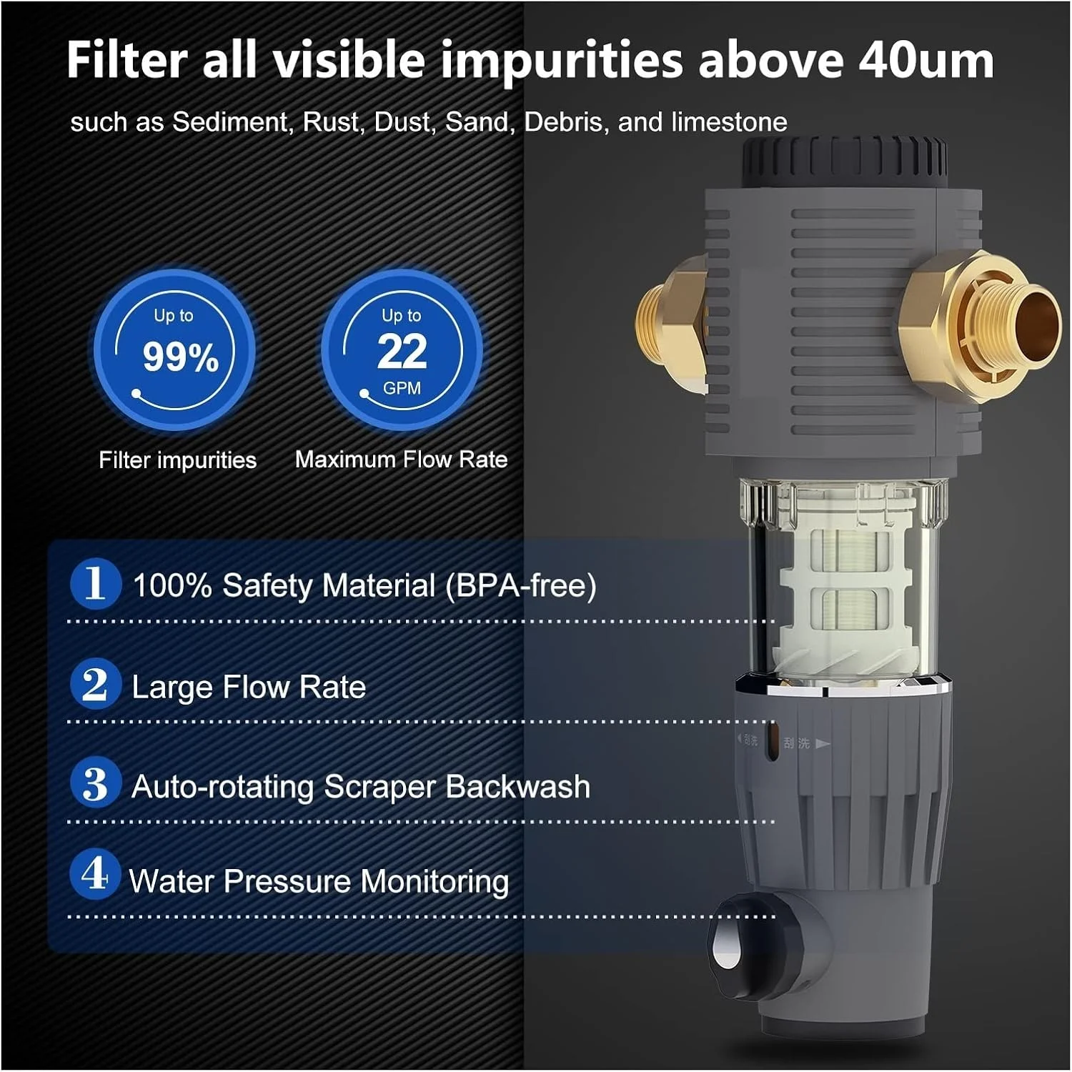 فیلتر پیش تصفیه آب اسمز معکوس با اسکرابر چرخان اتوماتیک و بکواش، فیلتر رسوب گیر اسپین داون کل خانه، تصفیه کننده 40 میکرون فیلتر پیش تصفیه آب اسمز معکوس با اسکرابر چرخان اتوماتیک و بکواش، فیلتر رسوب گیر اسپین داون کل خانه، تصفیه کننده 40 میکرون