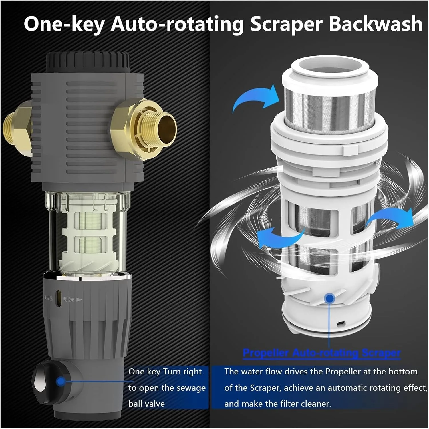 فیلتر پیش تصفیه آب اسمز معکوس با اسکرابر چرخان اتوماتیک و بکواش، فیلتر رسوب گیر اسپین داون کل خانه، تصفیه کننده 40 میکرون فیلتر پیش تصفیه آب اسمز معکوس با اسکرابر چرخان اتوماتیک و بکواش، فیلتر رسوب گیر اسپین داون کل خانه، تصفیه کننده 40 میکرون