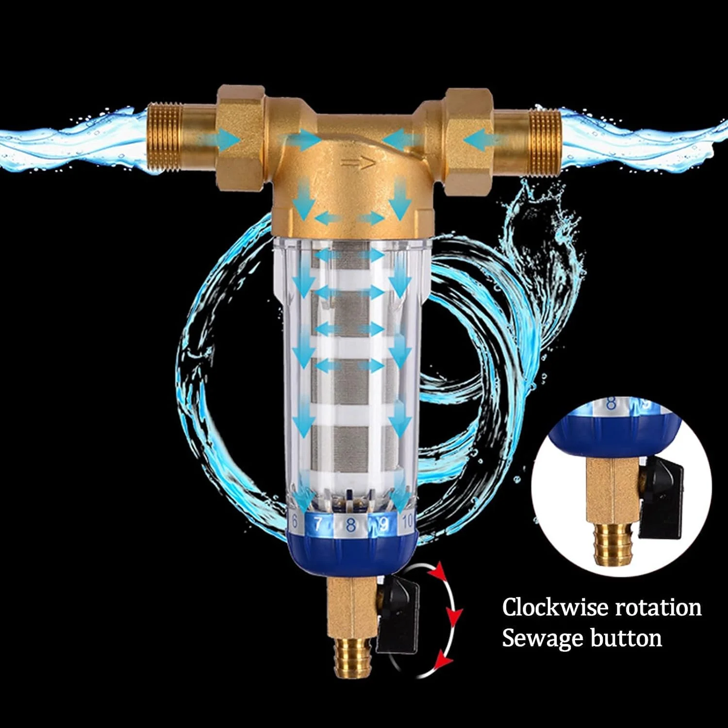 المنت فیلتر فیلتر کل خانه - فیلترهای زیر سینکی، سیستم تصفیه پیش فیلتر مرکزی کل خانه 3 تن در ساعت سیفون بکواش 40 میکرومتر - برای تصفیه کل خانه (رنگ: رزوه نر 3/4 اینچ)