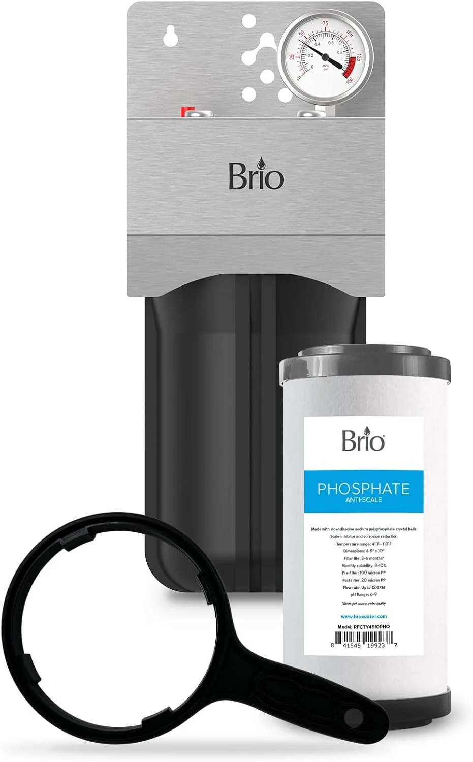 سیستم فیلتر آب کل خانه Brio با گیج و فیلتر ضد رسوب فسفات جریان سریع (5 میکرون) 4.5 اینچ در 10 اینچ | بهبود طعم و محافظت از لوازم خانگی | 720 GPH | 50000 گالن یا 6 ماه
