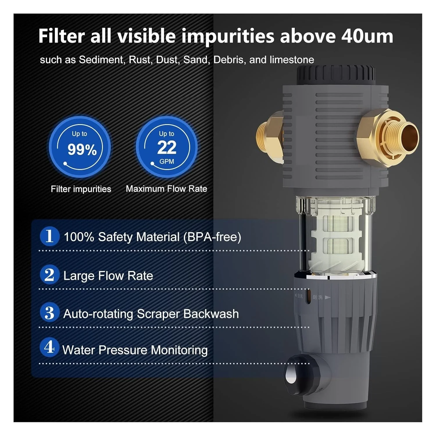 سیستم فیلتر آب CBWCCY با اسکرابر چرخشی خودکار، پیش فیلتر بکواش، فیلتر رسوب گیر چرخشی کل خانه، پیش فیلتر تصفیه کننده آب 40 میکرومتر، چند منظوره