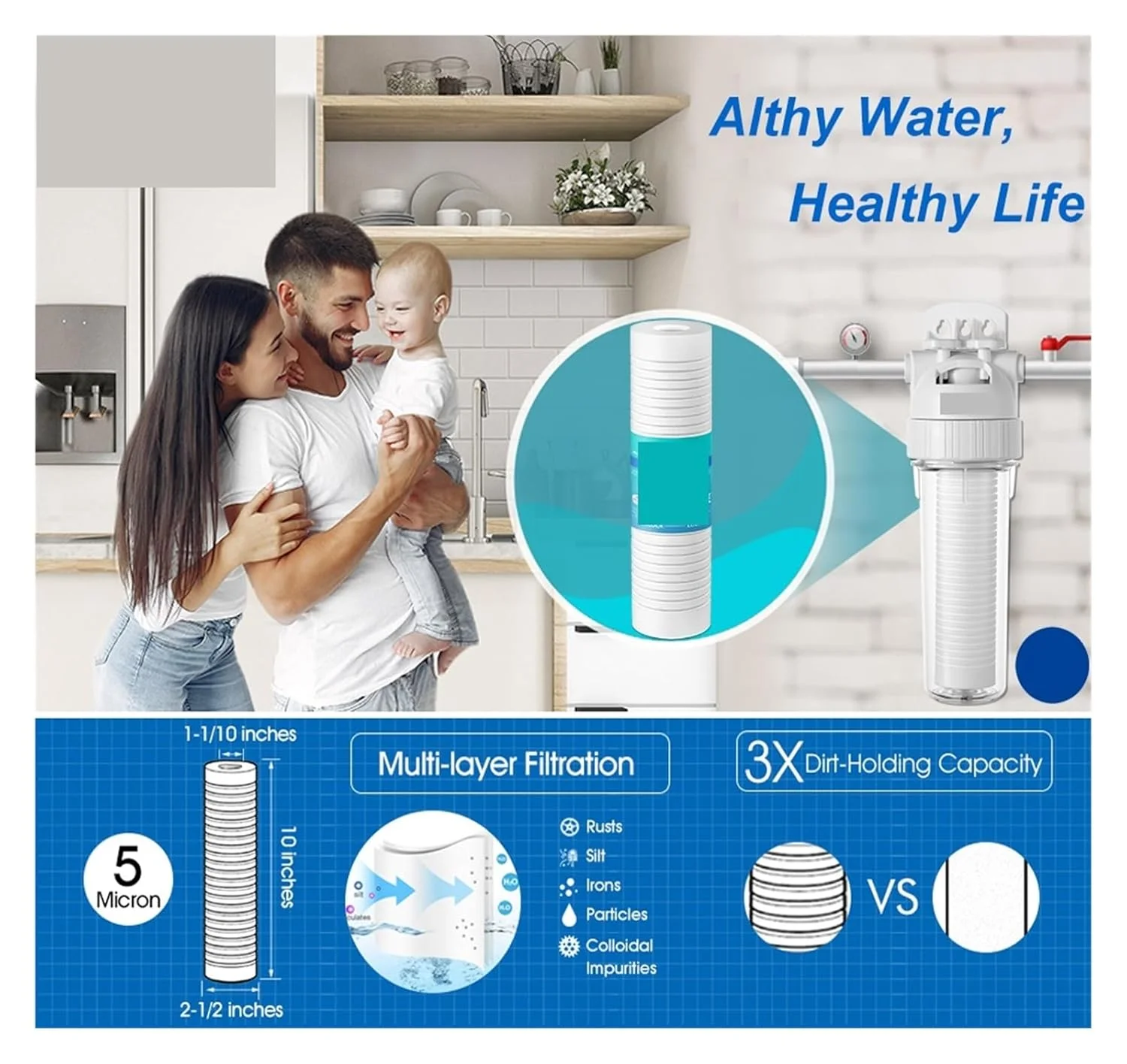 سیستم فیلتر آب خانگی میکرون، سیستم فیلتر رسوب گیر کل خانه، پیش فیلتر تصفیه کننده، پیش فیلتر پنبه ای PPF 10 اینچی موثرتر و بادوام تر (رنگ: هاست و فیلتر، سایز: 1)