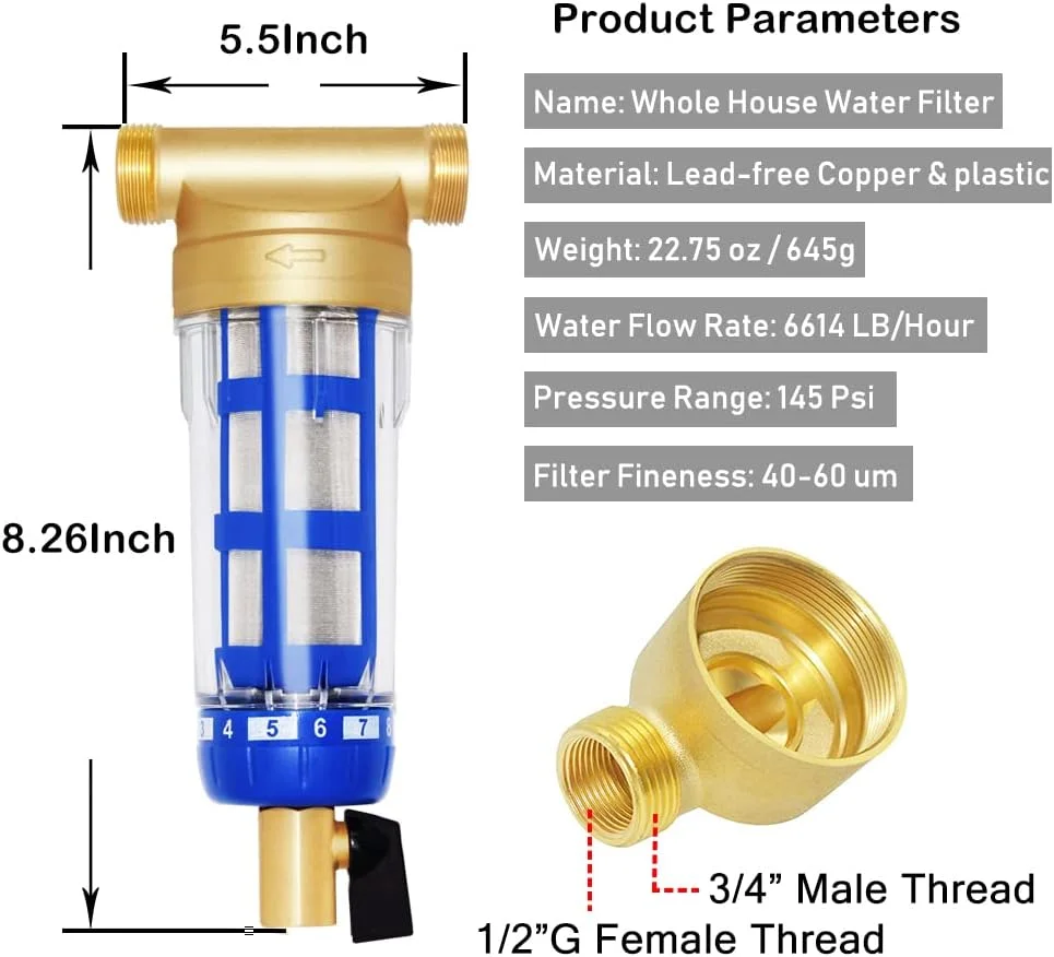 سیستم پیش فیلتر آب کل خانه Beduan، فیلتر رسوب چرخشی قابل استفاده مجدد، 1/2 اینچ FNPT x 3/4 اینچ MNPT مدل 1kl-08500-PREFILTER