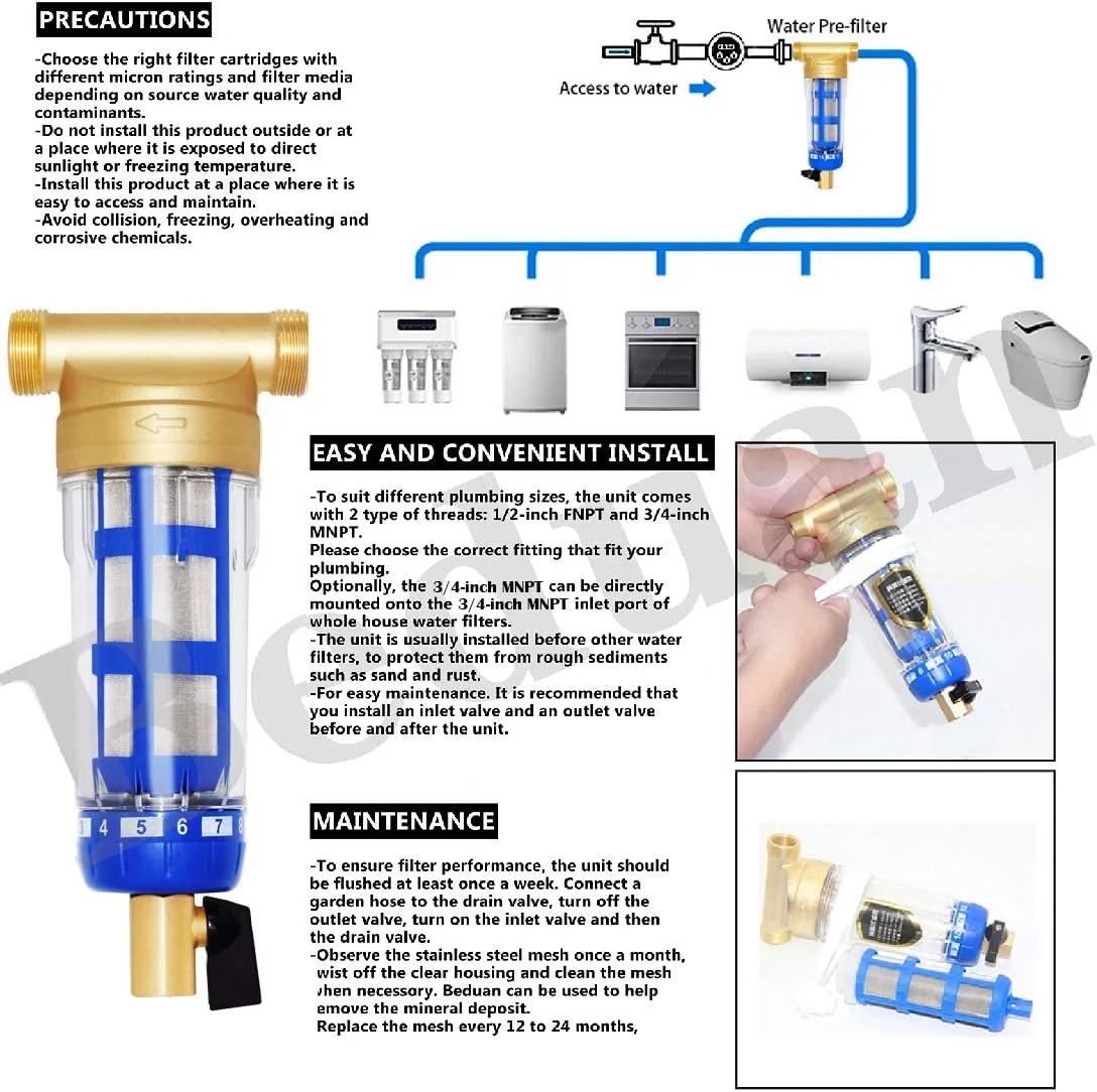 سیستم پیش فیلتر آب کل خانه Beduan، فیلتر رسوب چرخشی قابل استفاده مجدد، 1/2 اینچ FNPT x 3/4 اینچ MNPT مدل 1kl-08500-PREFILTER