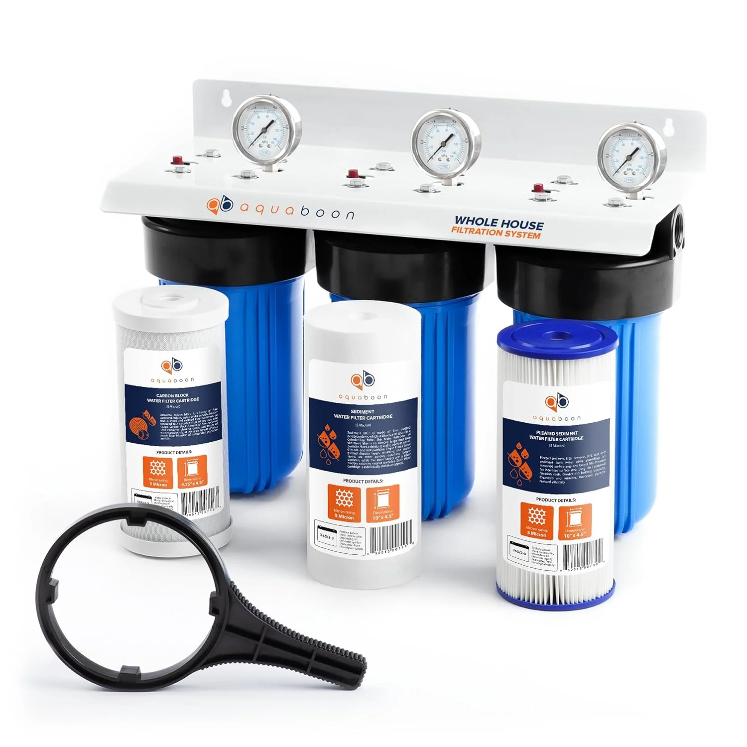 سیستم فیلتر آب سه مرحله ای کل خانه آکوابون برای کاهش رسوبات و بوها به همراه فیلترهای آب 10 اینچی، آچار، براکت، گیج و تخلیه سیستم فیلتر آب سه مرحله ای کل خانه آکوابون برای کاهش رسوبات و بوها به همراه فیلترهای آب 10 اینچی، آچار، براکت، گیج و تخلیه