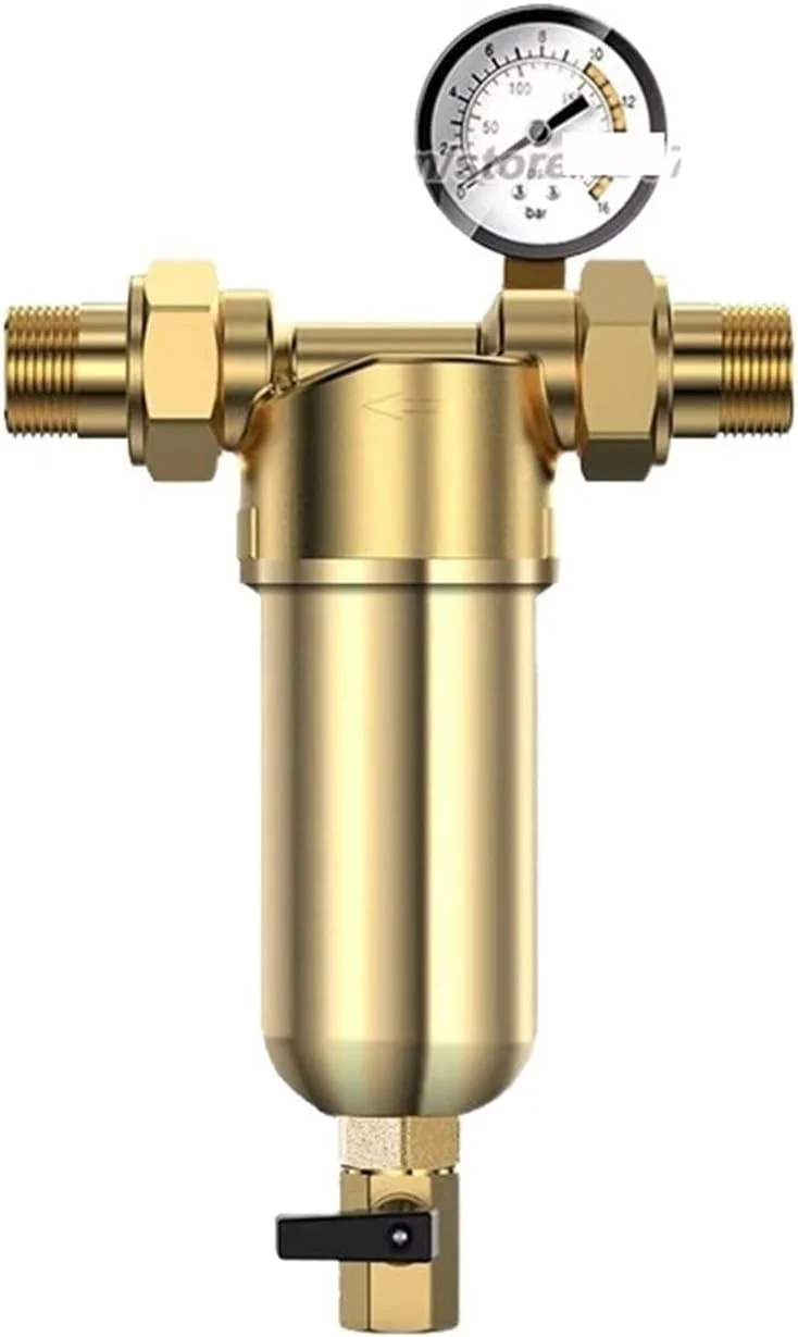 فیلتر آکواریوم، فیلتر رسوب گیر چرخشی قابل استفاده مجدد برای محافظت از سیستم پیش فیلتر کل خانه، گیج فشار مسی 40 میکرون (رنگ: گیج فشار، سایز: X)