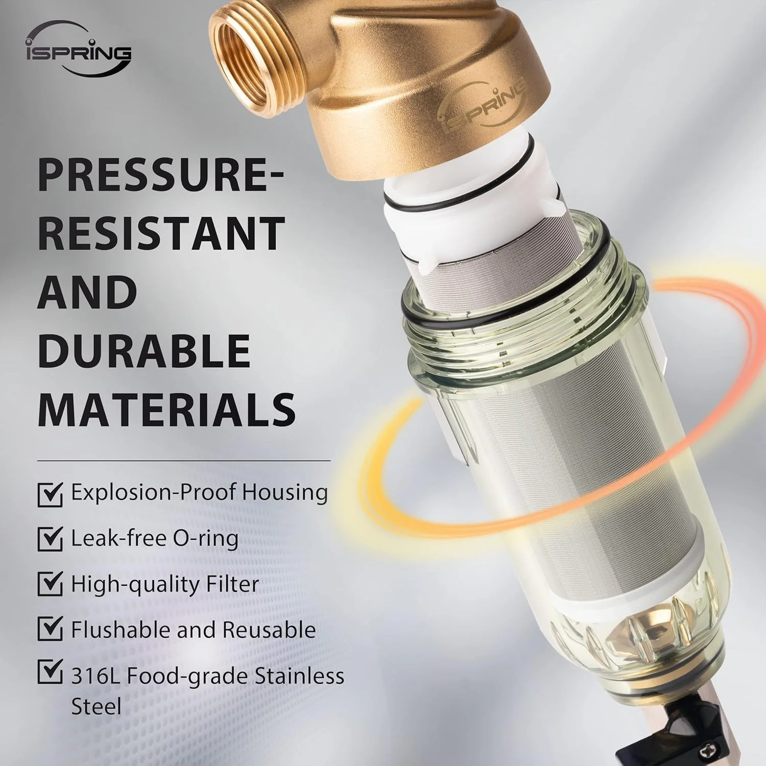 فیلتر رسوب گیر چرخشی کل خانه ای قابل استفاده مجدد Ispring Wsp-200، پیش فیلتر قابل شستشو 200 میکرون، 20Gpm، 1 اینچ Mnpt + 3/4 اینچ Fnpt، برنجی
